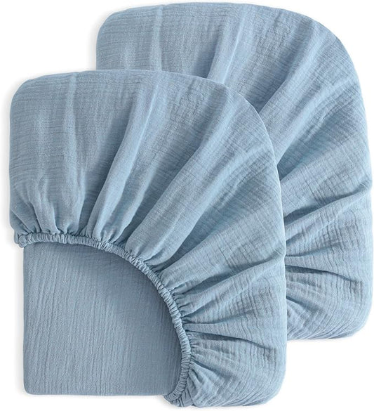 NTBAY 2 Pack Muslin Cotton Mini Crib Sheets, Soft and Breathable Double Layer 24x38 Baby Crib Sheets for Mini Crib and Toddler Mattresses, Boys, Girls, Unisex, Sky Blue, 24x38 Inches