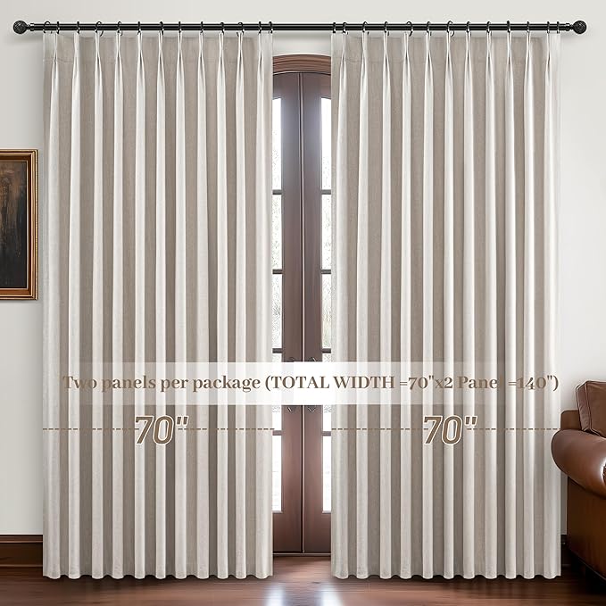 Curtains 70 Inch Length Wide Pinch Pleated Blackout for Sliding Glass Door, Farmhouse Natural Linen Thick Thermal for Summer Heat/Sound Noise Reducing Heavy Large Window Drapes (70"Wx102"Lx2Panels)