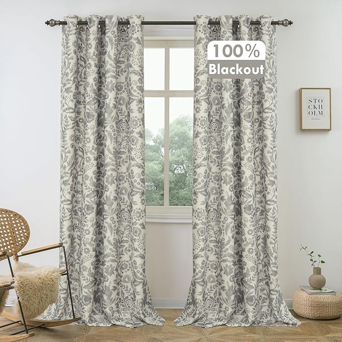 DriftAway Julia Watercolor Blackout Room Darkening Lined Thermal Insulated Energy Saving Window Curtains 2 Layers 2 Panels Each Size 52 Inch by 84 Inch Linen Gray