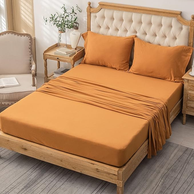 PURE ERA Jersey Knit 3pc Bed Sheet Set 100% T-Shirt Heather Cotton Super Soft Comfy Breathable Fits Mattress Up to 20" Extra Deep Pocket (Solid Burnt Orange, Twin)
