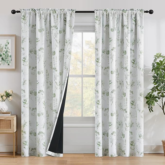 FMFUNCTEX 100% Blackout Floral Curtains 96 Inches Long for Bedroom, Sage Green Leaf Drapes for Living Room, Farmhouse Rod Pocket Back Tab Room Darkening Thermal Insulated Window Drapes 2 Panels