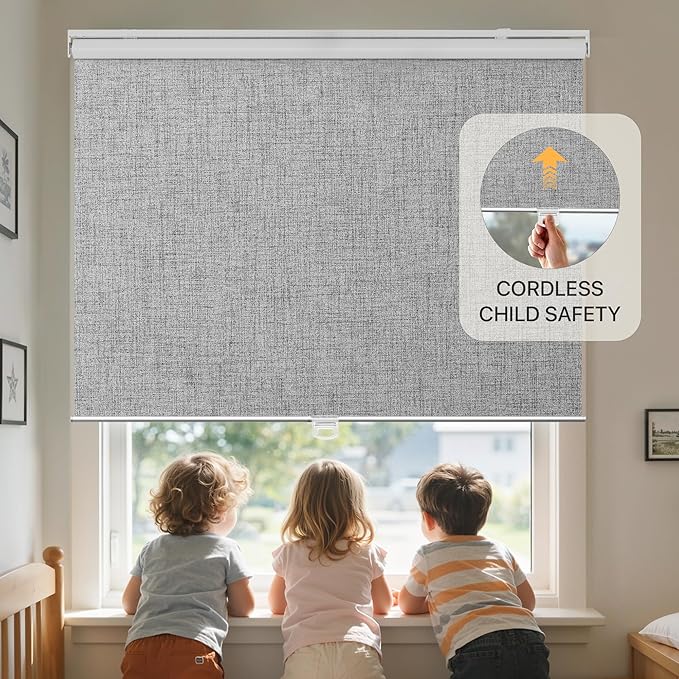 GENIMO 100% Blackout Roller Window Shades, Window Blinds Cordless with Thermal Insulated, UV Protection Fabric, Mini French Door Blinds for Home, Office, Bedroom, Easy to Install, Grey, 23" W X 72" H