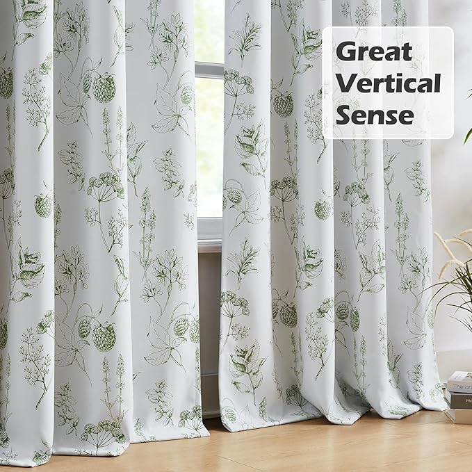 FMFUNCTEX 100% Blackout Floral Curtains 84 Inches Long for Bedroom, Sage Green Leaf Drapes for Living Room, Farmhouse Rod Pocket Back Tab Room Darkening Thermal Insulated Window Drapes 2 Panels