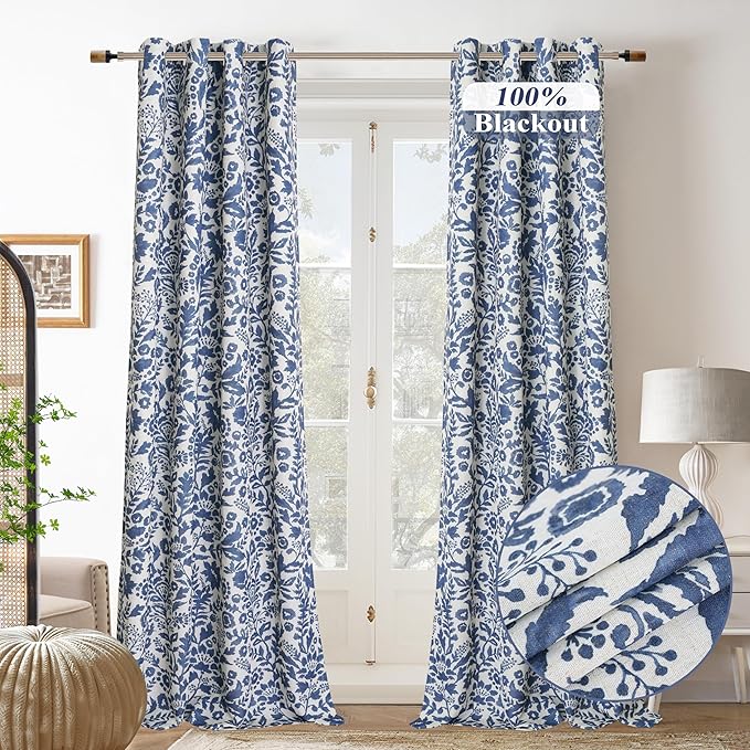 DriftAway Julia Watercolor Blackout Room Darkening Lined Thermal Insulated Energy Saving Window Curtains 2 Layers 2 Panels Each Size 52 Inch by 96 Inch Linen Navy