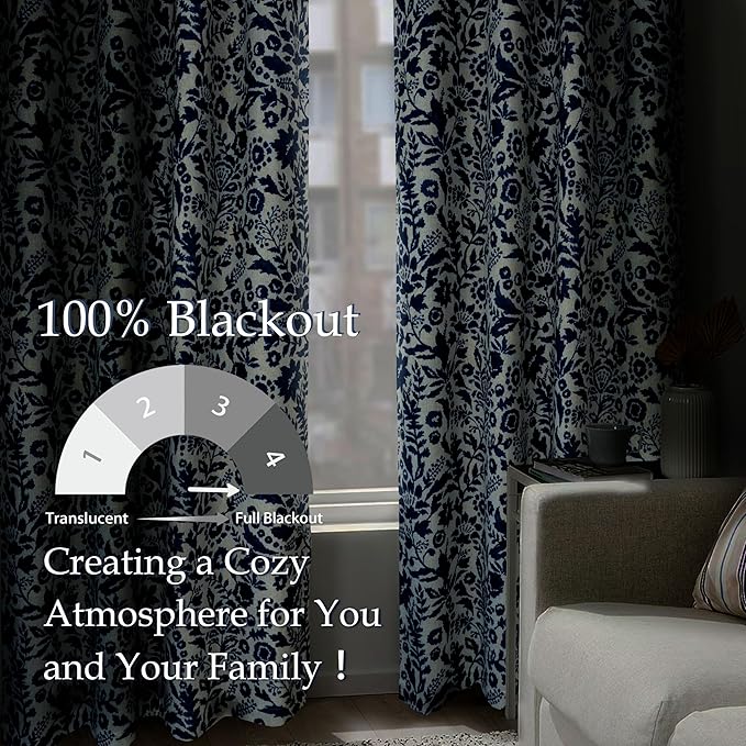 DriftAway Julia Watercolor Blackout Room Darkening Lined Thermal Insulated Energy Saving Window Curtains 2 Layers 2 Panels Each Size 52 Inch by 84 Inch Linen Navy