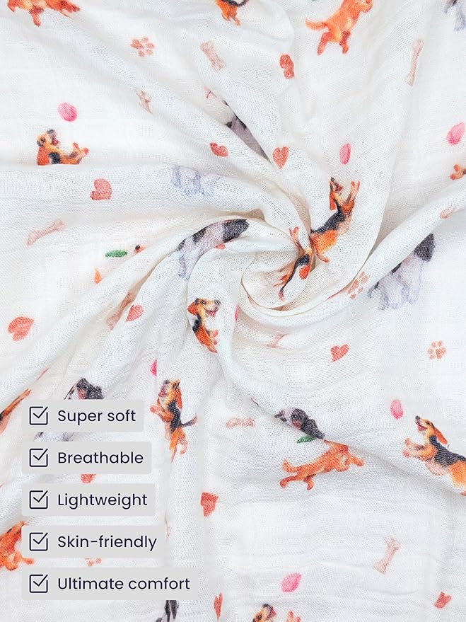 Muslin Swaddle Blankets, Soft Breathable Cozy Baby Blankets for Newborn Boys and Girls, 47” X 47“, 2 Pack Receiving Swaddles, 70% Viscose from Bamboo 30% Cotton (Playful Pals)