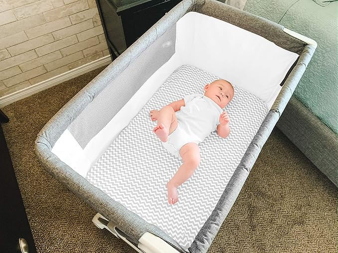 BaeBae Goods Premium Bassinet Fitted Sheet Set - 4 Pack 100% Jersey Knit - Grey and White - Chevron Pattern - Standard Size Oval or Halo Bassinet Pads