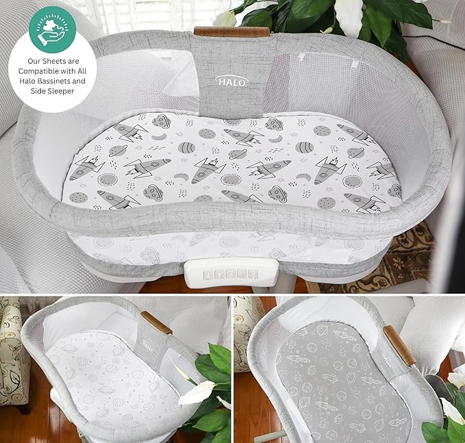TansyPanda Halo Bassinet Sheets for BassiNest Luxe Swivel, Soothing, Swivel, Lite, Essential Sleeper, 3 Pack, 33 X 17 Inch, Ultra Soft, Snug Fit, Unisex Boys Girls, Gray White (Space)