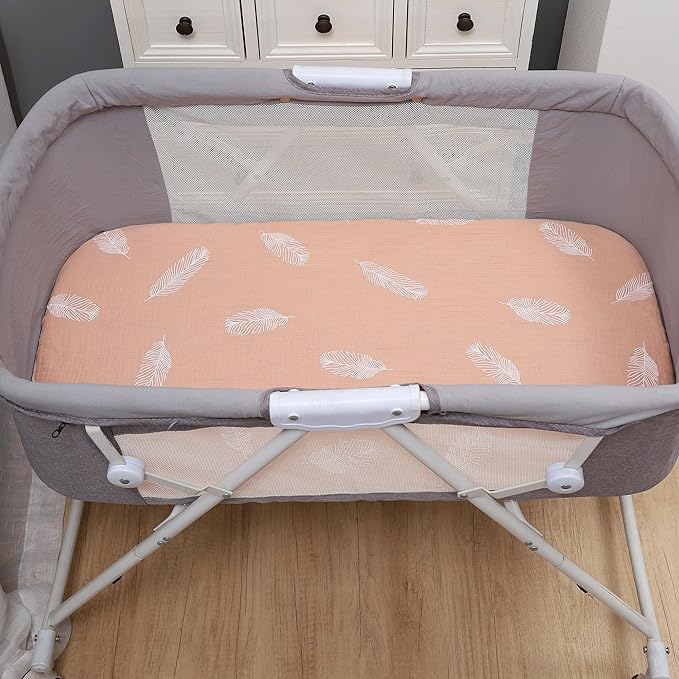 Onacosht Muslin Bassinet Sheets 3 Pack, 100% Cotton Baby Fitted Sheet 33" x 19" Compatible with Mika Micky, KoolaBaby (3 in 1), BabyBond, HARPPA and RICUTON Bedside Bassinet, Solid Pink and Feather