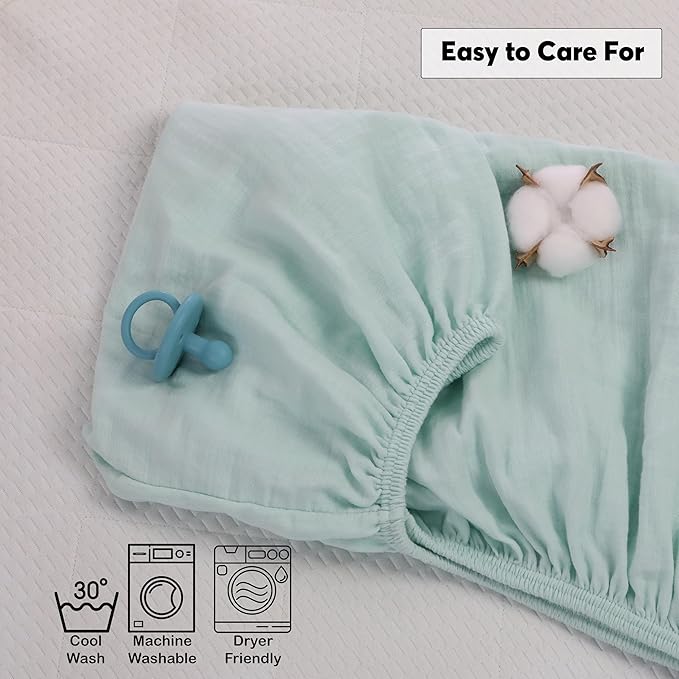 Muslin Baby Crib Sheets Fitted - Crib Sheets Neutral Turkish Cotton, Ultra Soft & Breathable - Organic Cotton Crib Sheets for Boys & Girls, GOTS & Oeko-TEX® Certified (52x28, Minty Green)