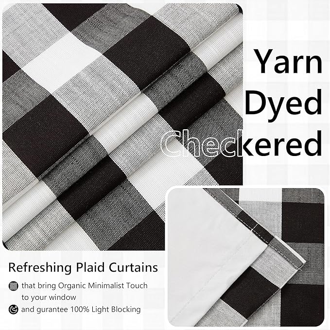 Amzdecor Buffalo Plaid Check Full Blackout Curtains Woven Checkered GEO Thermal Insulated Energy Efficient Drapes Grommet 2 Layers Window Treatment for Bedroom Living Room,2 Panels,52"x90",Black White