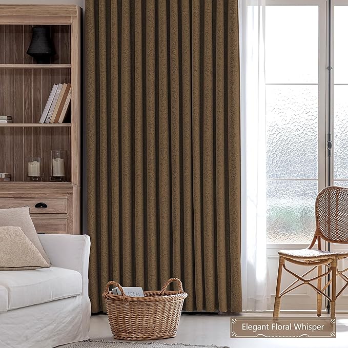 Metro Parlor Brown Floral Blackout Curtains 96 Inches Long for Bedroom, Jacquard Chenille Patterned Vintage Flower Curtains for Living Room Darkening Thermal Insulated Grommet Window Drapes, 2 Panels
