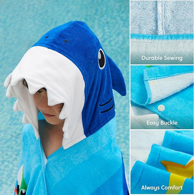 Joiedomi Shark Hooded Towels for Kids Soft 100% Cotton Kids Beach Towel 30" x 50" for 3-10 Years Boy Girl Beach Hooded Poncho Absorbent Pool Toddler Swim Bath Wrap