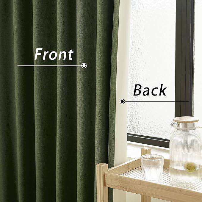 Full Blackout Olive Green Curtains 63 Inch Long Linen Textured Curtains Thermal Insulated Heat Blocking Noise Reducing Vintage Drapes for Nursery Bedroom Rod Pocket&Back Tab 2 Panels 50W x 63L