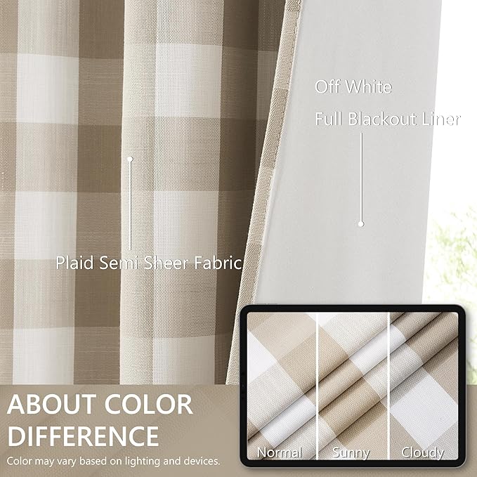 Amzdecor Beige White Buffalo Plaid Full Blackout Curtains 90 Inch Long for Bedroom Living Room Farmhouse Check Patterned Drapes Thermal Insulated Soundproof Grommet Window Treatment, 2 Panels, 52"x90"