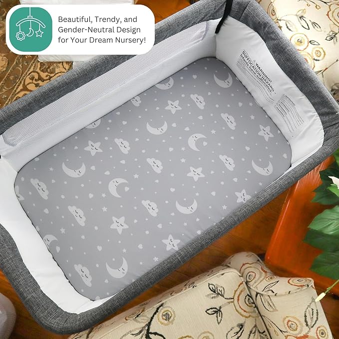 Bassinet Sheets for Baby Delight Beside Me Dreamer, Ronbei, HARPPA, Jimglo, Whiffee by TansyPanda, MUHDUH, 3PC, 33x20, Ultra Soft, Breathable Snug Fit, Unisex Boys Girls, Gray (Moon, Stars, Clouds)