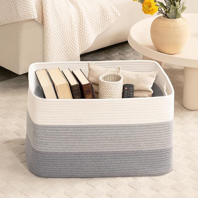 86L Extra Large Laundry Basket with Leather Handles for Living Room Storage, Woven Rope Baskets for Blanket, Kids Toy, Gifts, Wicker Hamper for Bedroom Dirty Clothes, 24"x16"x14" Gradient Grey