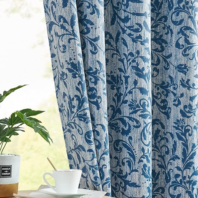 jinchan Blackout Curtains for Bedroom 84 Inches Long Blue Scroll Floral Window Curtains for Living Room Farmhouse Vintage Drapes Thermal Insulated Grommet Window Treatments 2 Panels