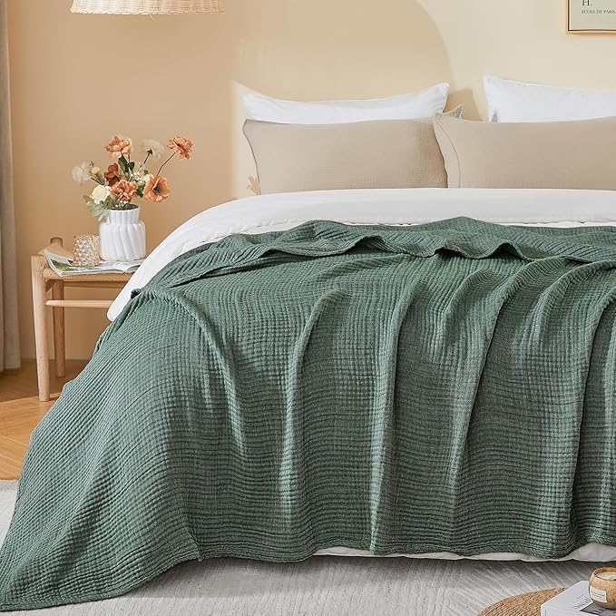 EMME Cotton Muslin King Blanket Breathable Gauze Soft Lightweight Blankets Adults Gifts for Women (Heather Forest Green, 108"x90")