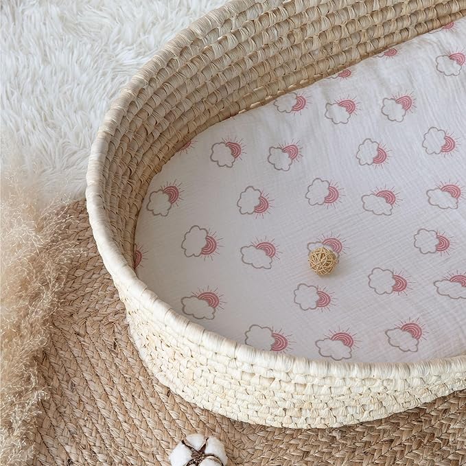 Muslin Bassinet Fitted Sheets, 2 Pack for Baby Boy and Girl, Soft Breathable Baby Pad/Mattress Sheet, Fit for Hourglass Oval and Rectangle Bassinet Mattress (Pink Cloud)