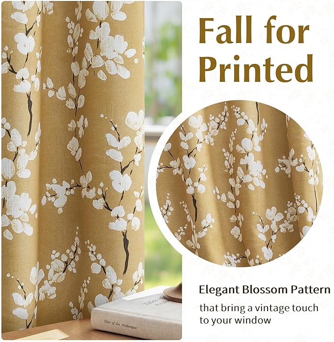 FMFUNCTEX 100% Blackout Floral Curtains for Living Room, Mustard Yellow Curtain 96 inches Long Blossom Patterned for Bedroom, Thermal Insulated Farmhouse Drapes, Grommet Top 2 Panels (White on Yellow)