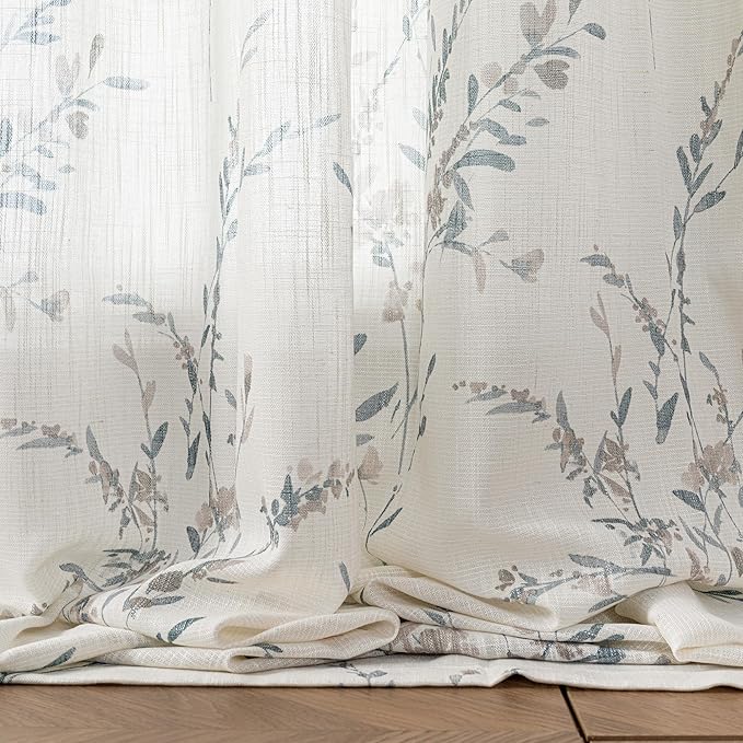 MYSKY HOME Sheer Floral Curtains for Living Room 95 Inch Long Linen Look Vertical Drapes Bedroom Light Filtering Privacy Added Farmhouse Style Texture Soft Touch for Dining Room, Navy Blue, 2 Panels