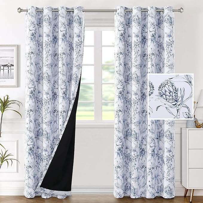 H.VERSAILTEX 100% Blackout Curtains for Living Room Camellia Floral Blackout Curtains 84 Inches Long Light Blocking Window Treatment Curtains with Black Liner Grommet Thermal Drapes, 2 Panels, Navy