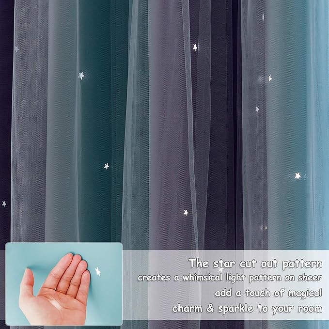 NICETOWN Nursery Blackout Curtains - Thermal Insulated 84 inches Long Girls Bedroom Drapes Ombre Rainbow Star Hollow-Out Curtains for Nursery, 2 Panels, Teal & Purple, 42" Wide per Panel