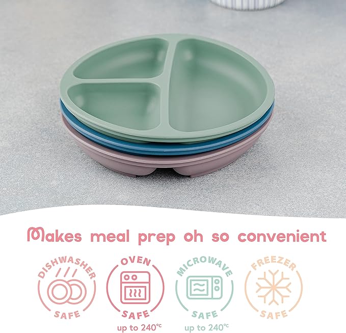 ChériKid Suction Plates for Baby, Toddlers - FEATURES SUPER STRONG QUADRUPLE SUCTION - 100% Food Grade Silicone Toddler Plates with Suction - Unbreakable Divided Kids Baby Plates