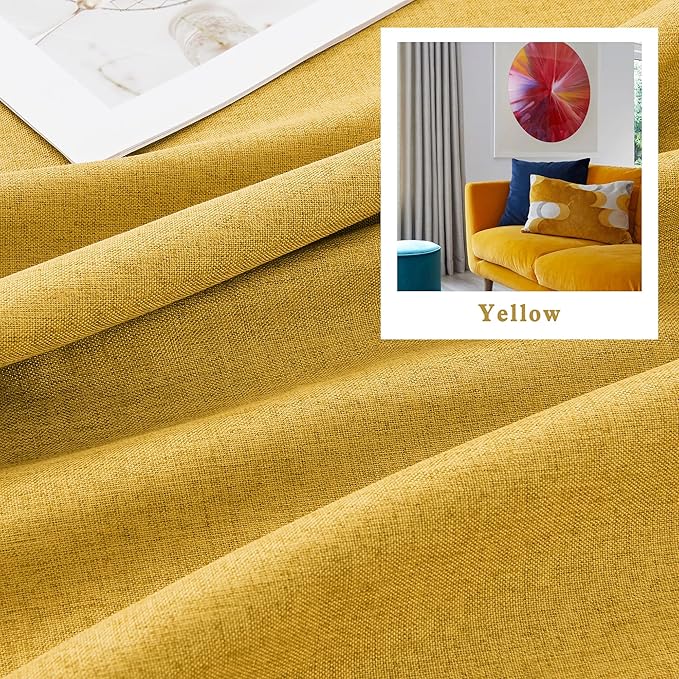 Full Black Out Curtains 72 Inch Long 2 Panels Blackout Linen Drapes for Bedroom Living Room Darkening Curtain Thermal Insulated Summer Heat Back tab Rod Pocket Pleated Drapes(50x72 Inch,Yellow)