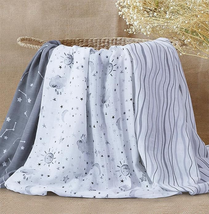 Little Grape Land Muslin Swaddle Blankets 47''x47'' 3 Pack, 100% Cotton Large Size Baby Swaddles for Newborn, Soft Breathable Baby Blankets for Newborns, Stars/Grey