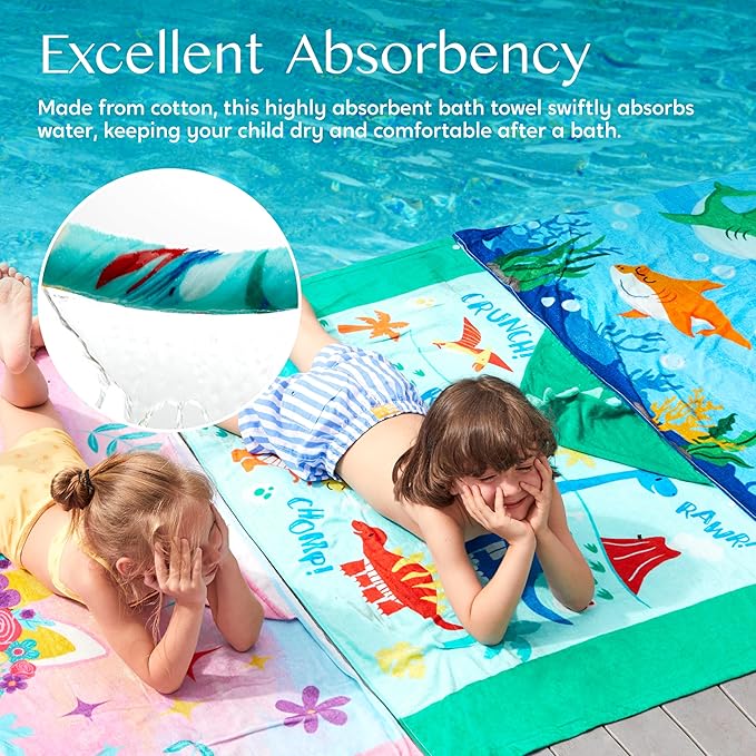 Joiedomi Dinosaur Hooded Towels for Kids Soft 100% Cotton Kids Beach Towel 30" x 50" for 3-10 Years Boy Girl Beach Hooded Poncho Absorbent Pool Toddler Swim Bath Wrap