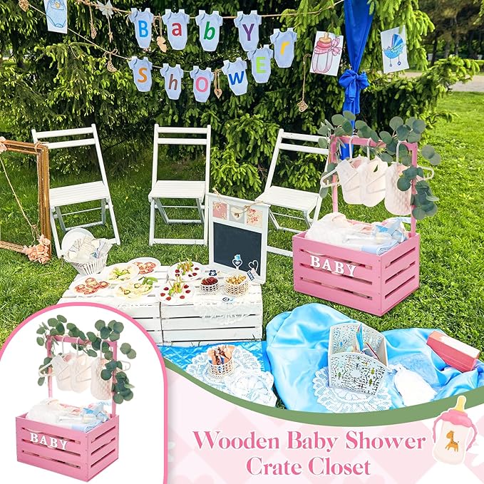 Barydat Wooden Baby Shower Crate Closet, Baby Basket with Handle, Personalized Basket Gifts, Easy Assembly Baskets for Newborn Boy Girl Welcome Gift for New Mom Parents(Pink)
