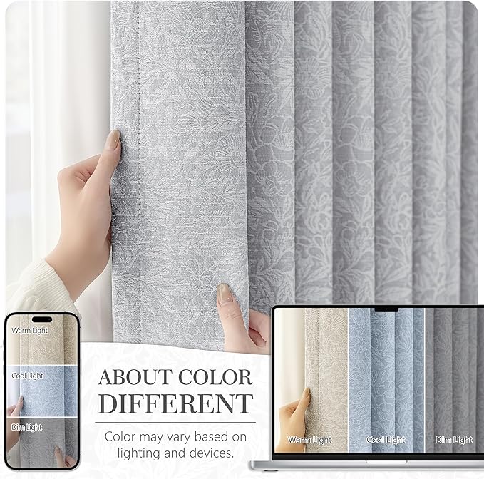 Metro Parlor Grey Floral Blackout Curtains 96 Inches Long for Bedroom, Jacquard Chenille French Vintage Flower Curtains for Living Room Darkening Thermal Insulated Gray Grommet Window Drapes,2 Panels