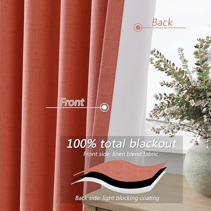 Guken 100% Blackout Curtains 102 Inch Length 2 Panels Set for Living Room Bedroom Back Tab Thermal Insulated Black Out Linen Drapes Room Darkening Coral,52x102