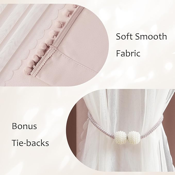 Pink Blackout Curtains with Sheer Overlay for Bedroom, Mix & Match Double Layer Pom Pom Curtains for Girl Nursery, Living Room, Rod Pocket Thermal Insulated Window Panels with Tiebacks 52W X 84L, 2pcs