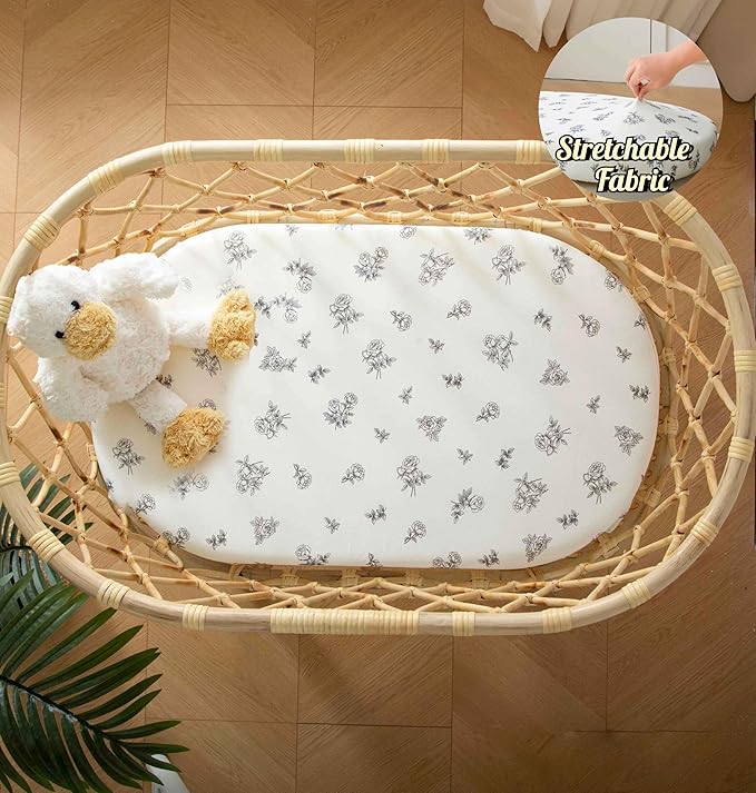 SDY Jersey Bassinet Sheets for Baby Boys and Girls,32 "x 16 "x 4", 2 Pack,Neutral Flower Standard Oval/Retangle Fitted Bassinet Sheets for Toddler,Super Soft Breathable