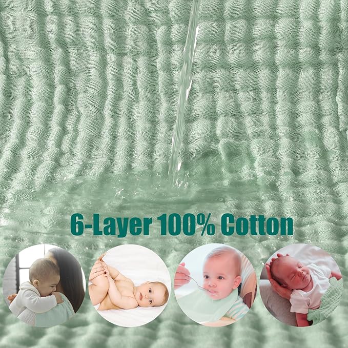 SnugOre Muslin Burp Cloths 5 Pack Large 20x12 inches Baby Burping Cloths, 6-Layer 100% Cotton for Newborn Boys Girls, Ultra Soft & Absorbent（Green）