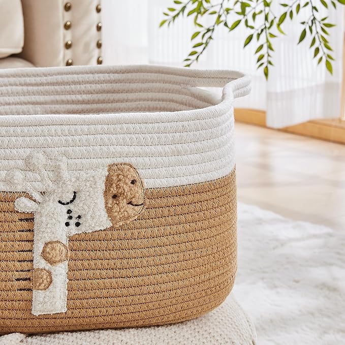 Storage Bins Woven Baskets for Storage Set of 3, Cotton Rope Basket with Handles for Toys/Shelves/Laundry, Rectangle Multi-Purpose Organizer for Living Room, Bedroom, Nursery (Giraffe)