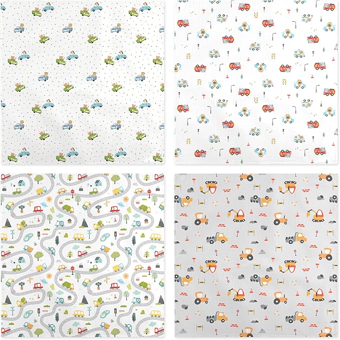 4-Pack 100% Cotton Muslin Swaddle Blankets, Large 47 x 47 Inches — Breathable Soft Receiving Blankets for Newborns, Swaddling Wraps, Registry Gift (Construction Car Adventure)