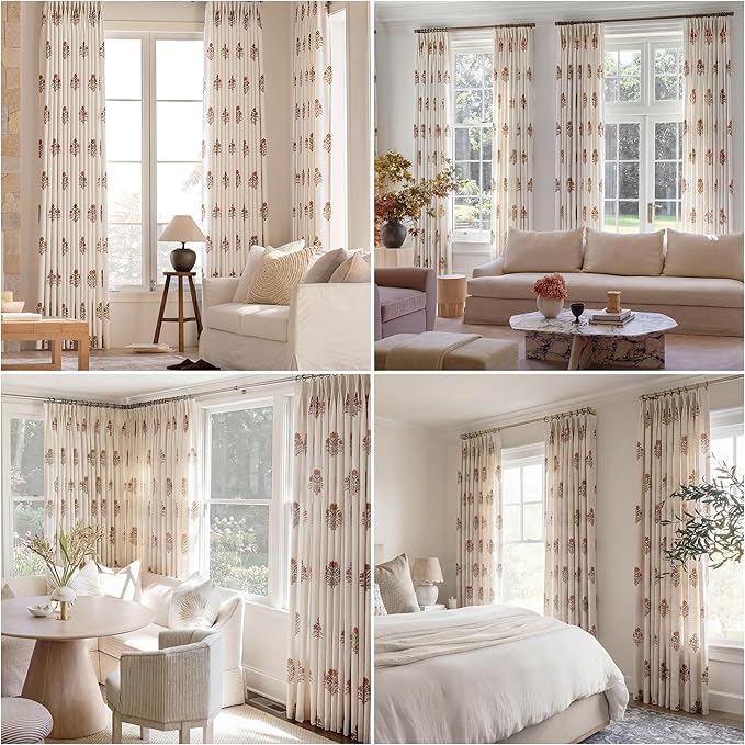 Pinch Pleated Curtains Light Filtering Red Floral Curtains for Living Room Bedroom Dining Room 84 Inches Luxury Linen Drapes Farmhouse Window Curtains with Hooks and Rings - 2 Panels Set, 40" x 84"
