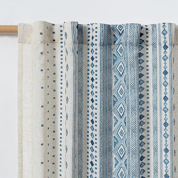 MYSKY HOME Boho Sheer Curtains Linen Look 95 inches Long for Dining Room Bohemian Geometric Striped Style Farmhouse Home Decor Light Filtering Privacy Back Tab Drapes, 50'' Wide, Blue, 2 Pcs