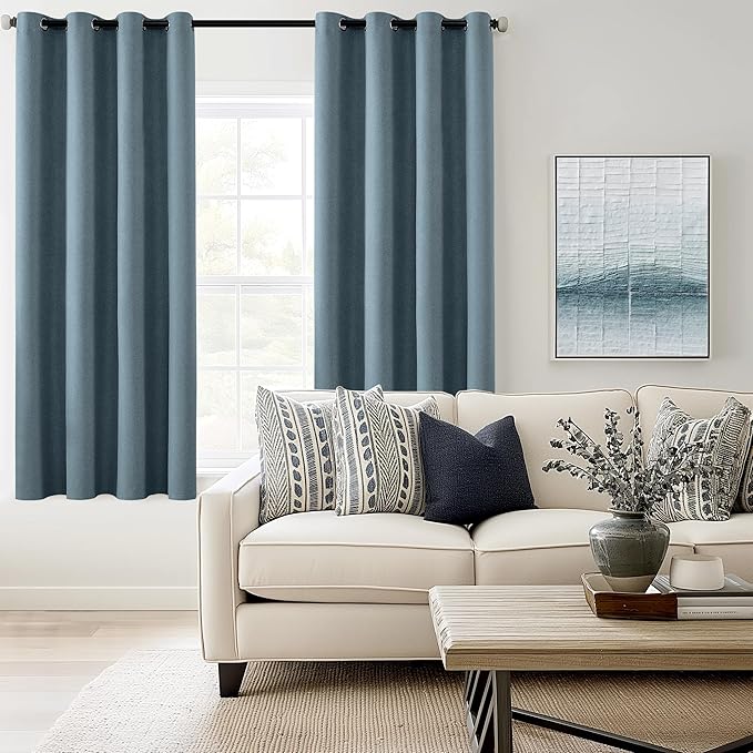 ChrisDowa 100% Blackout Blue Solid Curtains 63 Inches Long 2 Panels for Bedroom Living Room,Farmhouse Room Darkening Thermal Insulated Soundproof Grommet Top Window Treatment Drapes,52x63