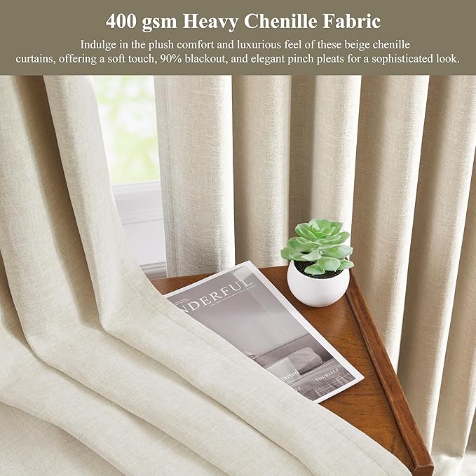 WEST LAKE 9 FT Pinch Pleated 90% Blackout Curtain Panels,Beige Triple Weave Textured Heavy Chenille Room Darkening Drapes 108 Inches Long,Back Tab Modern Window Treatment,40" Wx108 L,Pack of 2,Beige