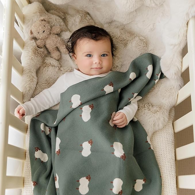 Knit Baby Swaddle Blanket - 100% Cotton Soft Cozy Receiving Swaddle Stroller Blanket for Shower Gift Registry for Newborns, Infants, Toddlers (Sheep - Pasture Green)