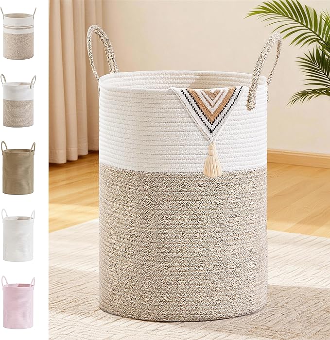 Tall Laundry Basket with Handles, 72L Portable Dirty Clothes Hamper, Boho Cotton Rope Storage Bin for Blankets Kids Toys Gifts, Large Organizer for Baby Nursery Bedroom Bathroom, Brown
