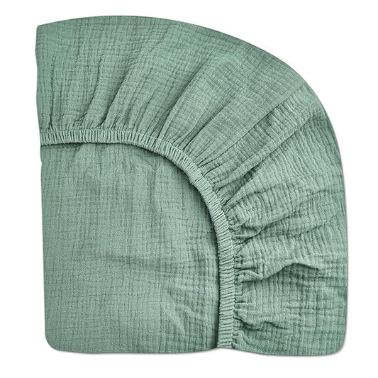 Mini Crib Sheets for Baby, Fitted Pack N Play Mattress and Mini Cribs 24" x 38", Neutral Muslin Cotton Mini Crib Mattress Sheet with Boho Style, Soft and Breathable Comfort (Roman Green)