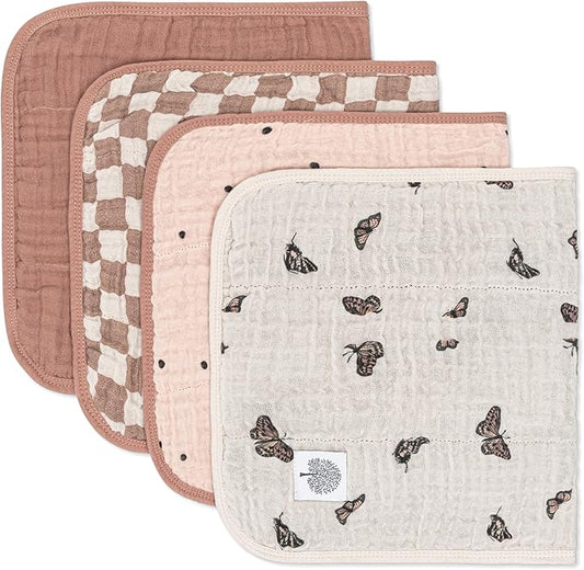 Parker Baby Muslin Burp Cloths | 100% Cotton Burping Clothes, Newborn Essential | Must-Have Baby Registry, Modern and Trendy Colors | 20"x11" Unisex Large Baby Burp Cloths, 4-Pack Butterfly Set