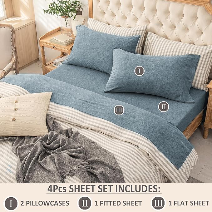 PURE ERA Jersey Knit 4pc Bed Sheet Set 100% T-Shirt Cotton Super Soft Comfy Breathable Fits Mattress Up to 20" Extra Deep Pocket (Heather Blueish Grey, King)