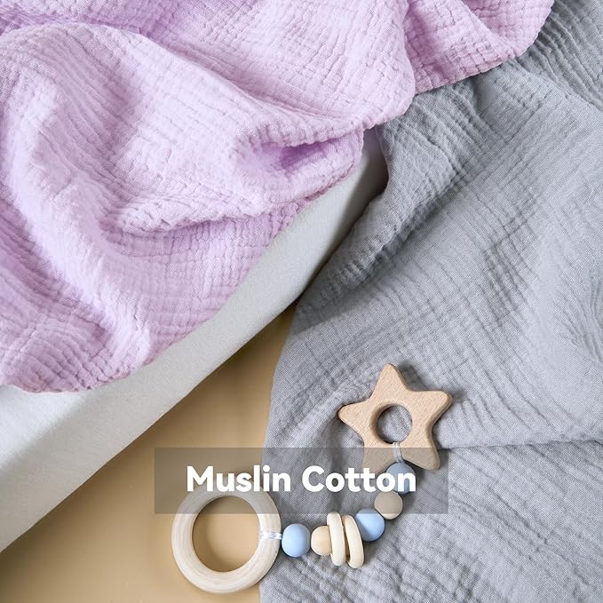 TILLYOU Muslin Mini Crib Sheets 2 Pack, Pack and Play Mattress Sheets Fitted for Pack N Play, 38 x 26 Sheet for Toddler, Grey and Purple